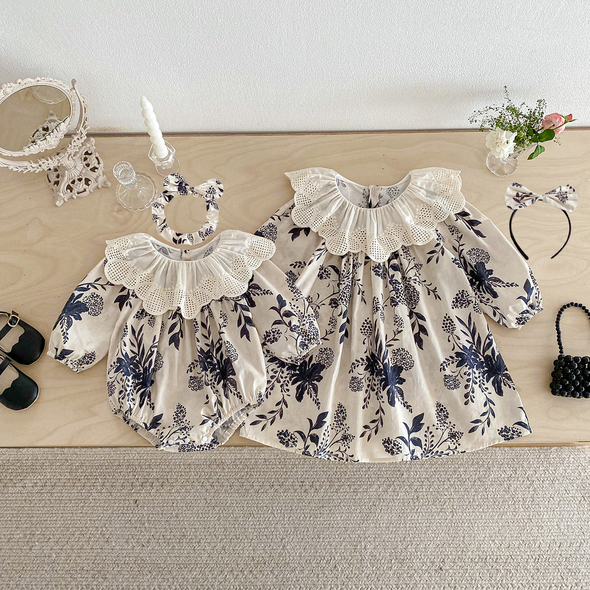 Baby Clothes Spring New Arrival Baby Romper Girls Chinese Style Ink Painting Dress Princess Sister Outfit