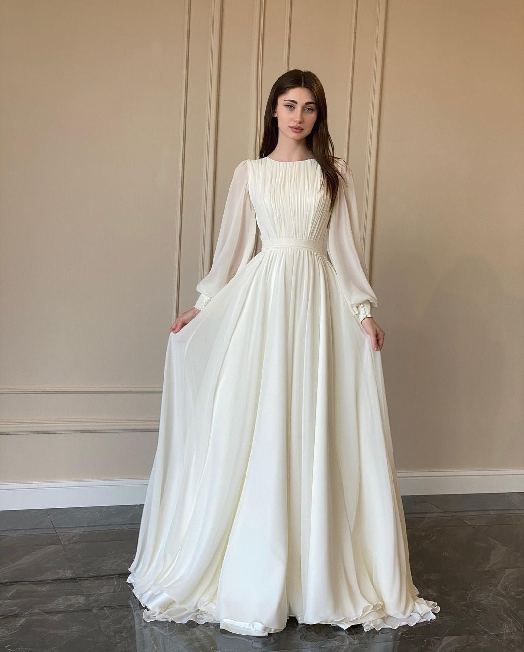 French Court Style White Double Layer Chiffon Full Skirt Princess Fairy Long Dress