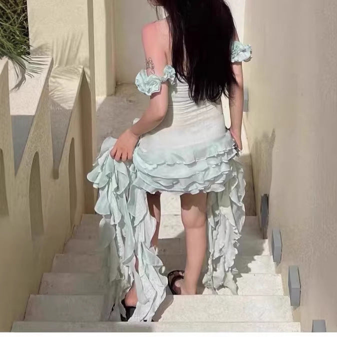Bohemian Irregular Hem Strapless Flowy Waist-Cinched A-Line Dress