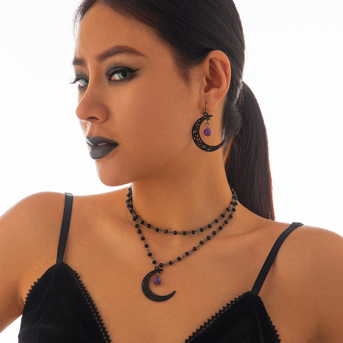 Gothic style moon alloy necklace set for women, sexy multi-layer lace tassel collar