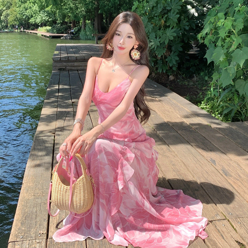 Pink Lotus Strapless Dress with Ruffled Lace Hem, Flowy Fairy-Like Waist-Cinching Vacation Dress for Women Summer