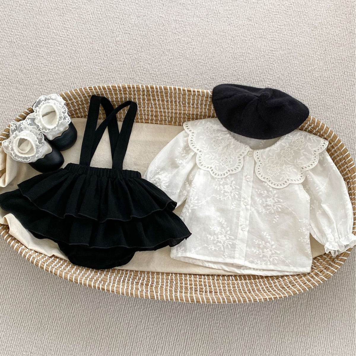 Baby Clothes Spring Autumn  Girl Solid Color Large Turn-Down Collar Shirt Overall Romper Two-Piece Set