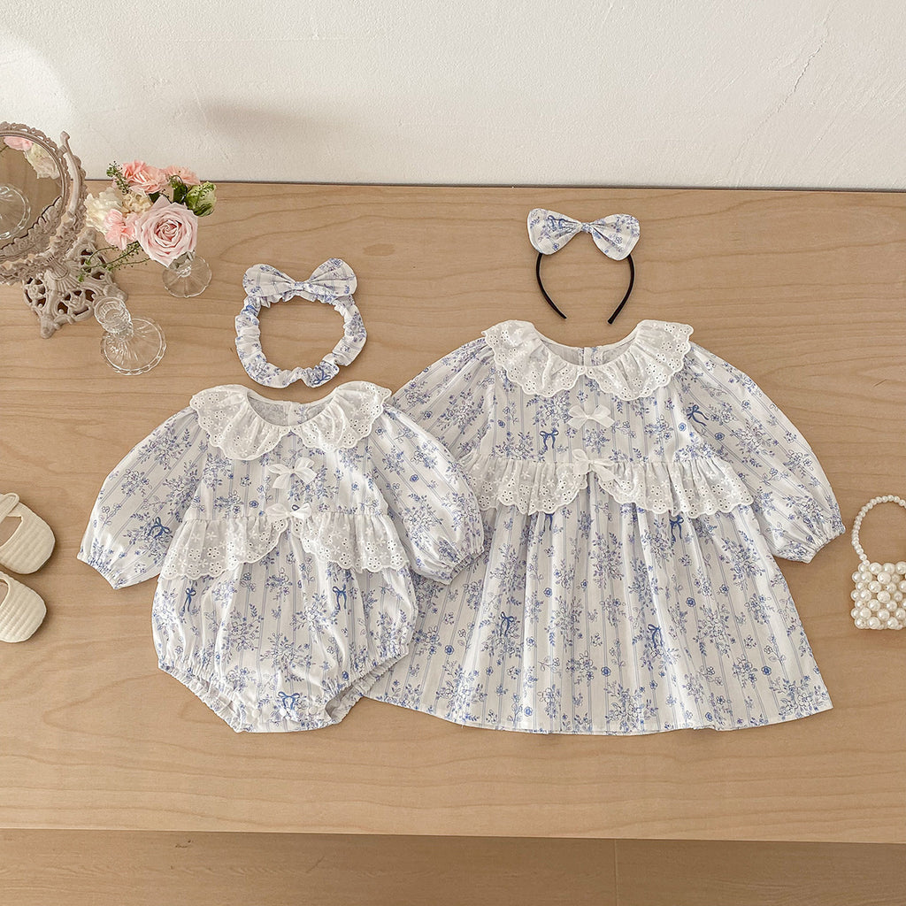 Cute Baby Girl Spring Fashion Ruffled Romper with Blue Bow Dress, Sister Set