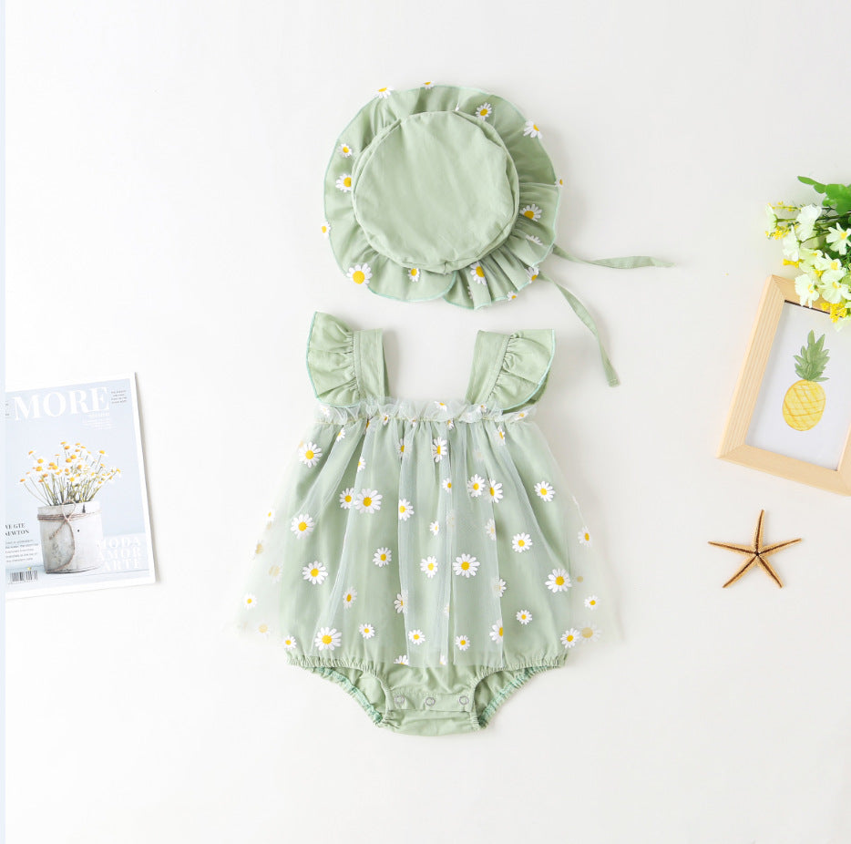 Cute Baby Girl Romper Summer Lightweight Outfit for 100 Days or First Birthday, Daisy Princess Tulle Dress Style