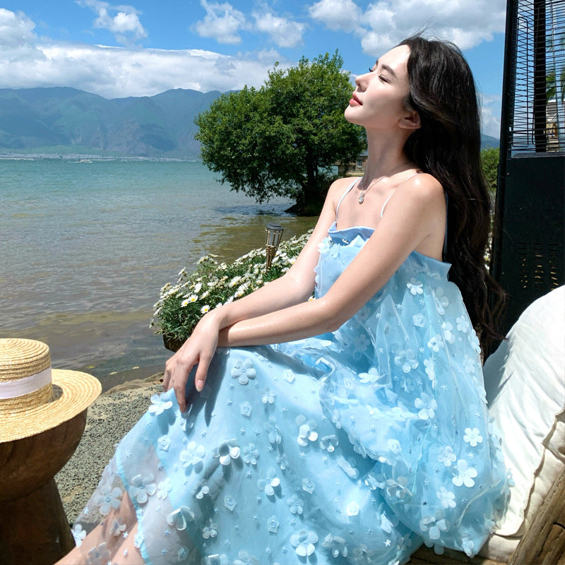 Blue Floral Mesh Strapless Dress Ultra Fairy Fashionable Age-Appropriate Dress