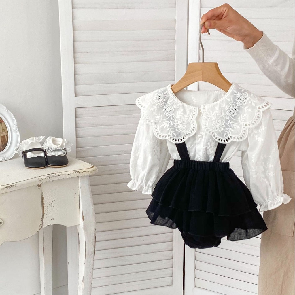 Baby Clothes Spring Autumn  Girl Solid Color Large Turn-Down Collar Shirt Overall Romper Two-Piece Set