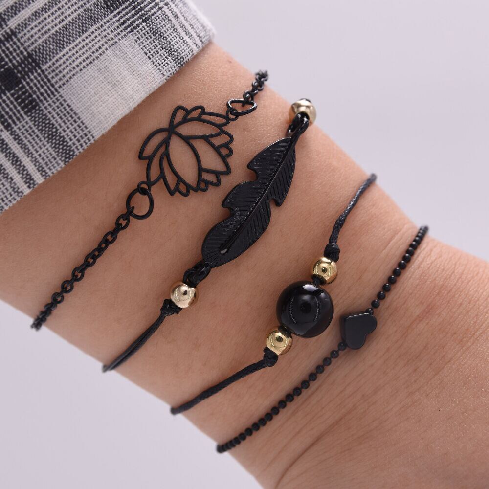 New Fashion 4PCs Gothic Black Feather Lotus Bracelets Set Heart Charm Boho Bangles For Women Wrist Chain Bracelets
