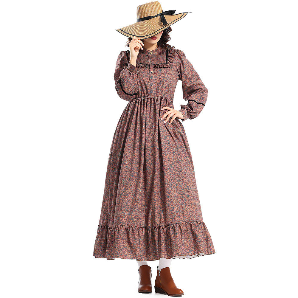 Halloween Costume Prairie Colonial Brown Floral Dress Frontier Victorian Medieval Style Dress
