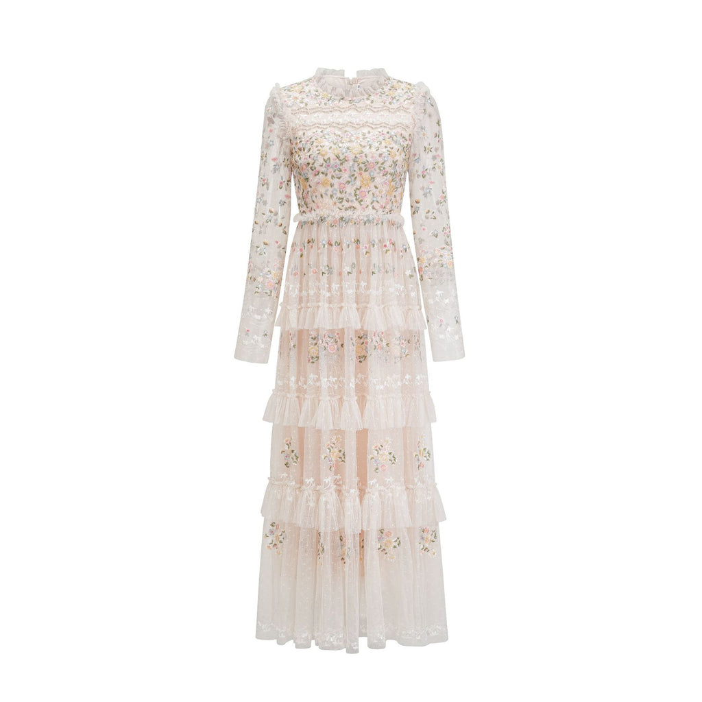 Elegant Goddess Dreamy Tulle Floral Embroidery Fairy Round Neck Waist-Cinched Flared Long Dress Gown
