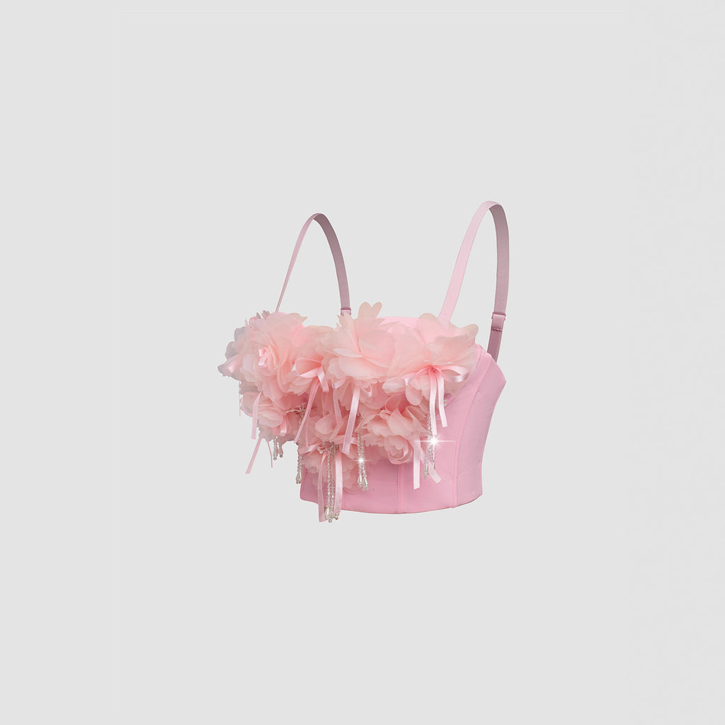 Pink Strapless Floral Tassel Fairy Fitted Shaping Boned Bustier