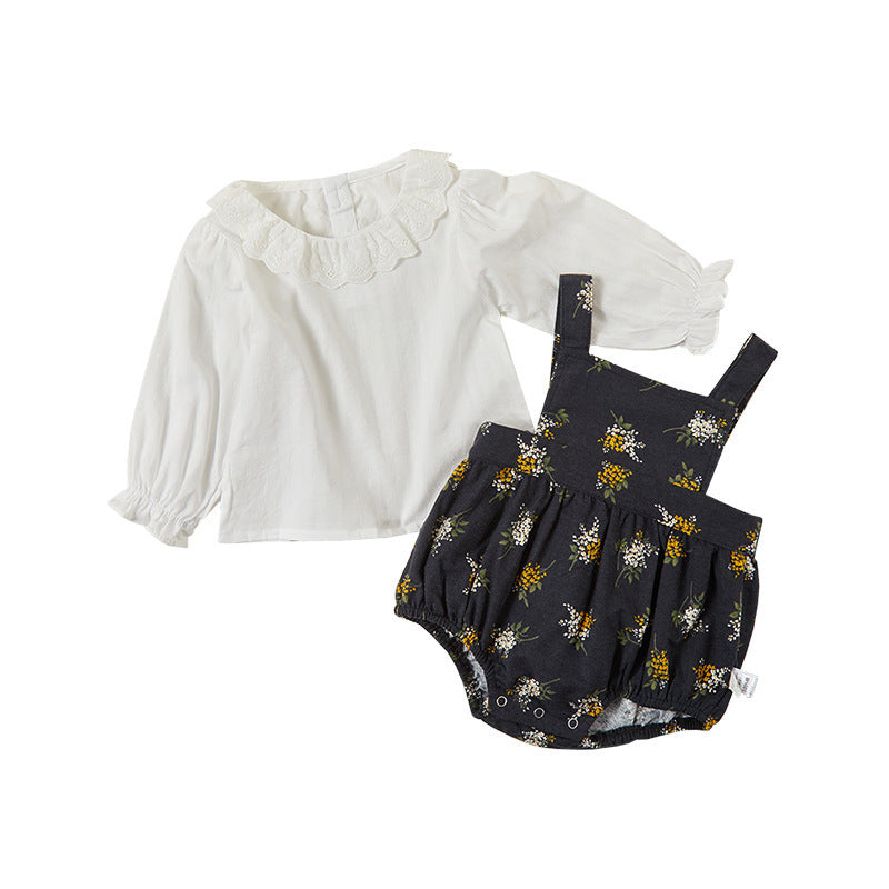 Cute Baby Spring Outfit Newborn Clothes for Girls, Stylish Floral Romper with Cotton Shirt Two-Piece Set for Spring and Autumn