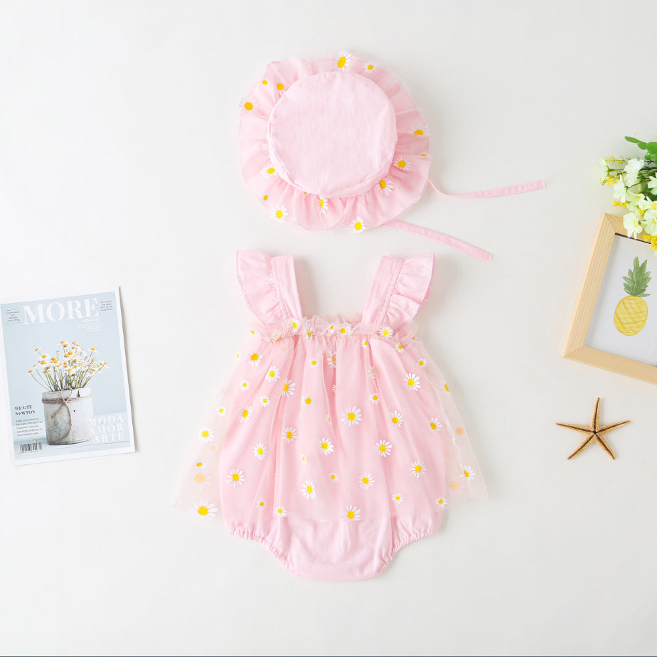Cute Baby Girl Romper Summer Lightweight Outfit for 100 Days or First Birthday, Daisy Princess Tulle Dress Style