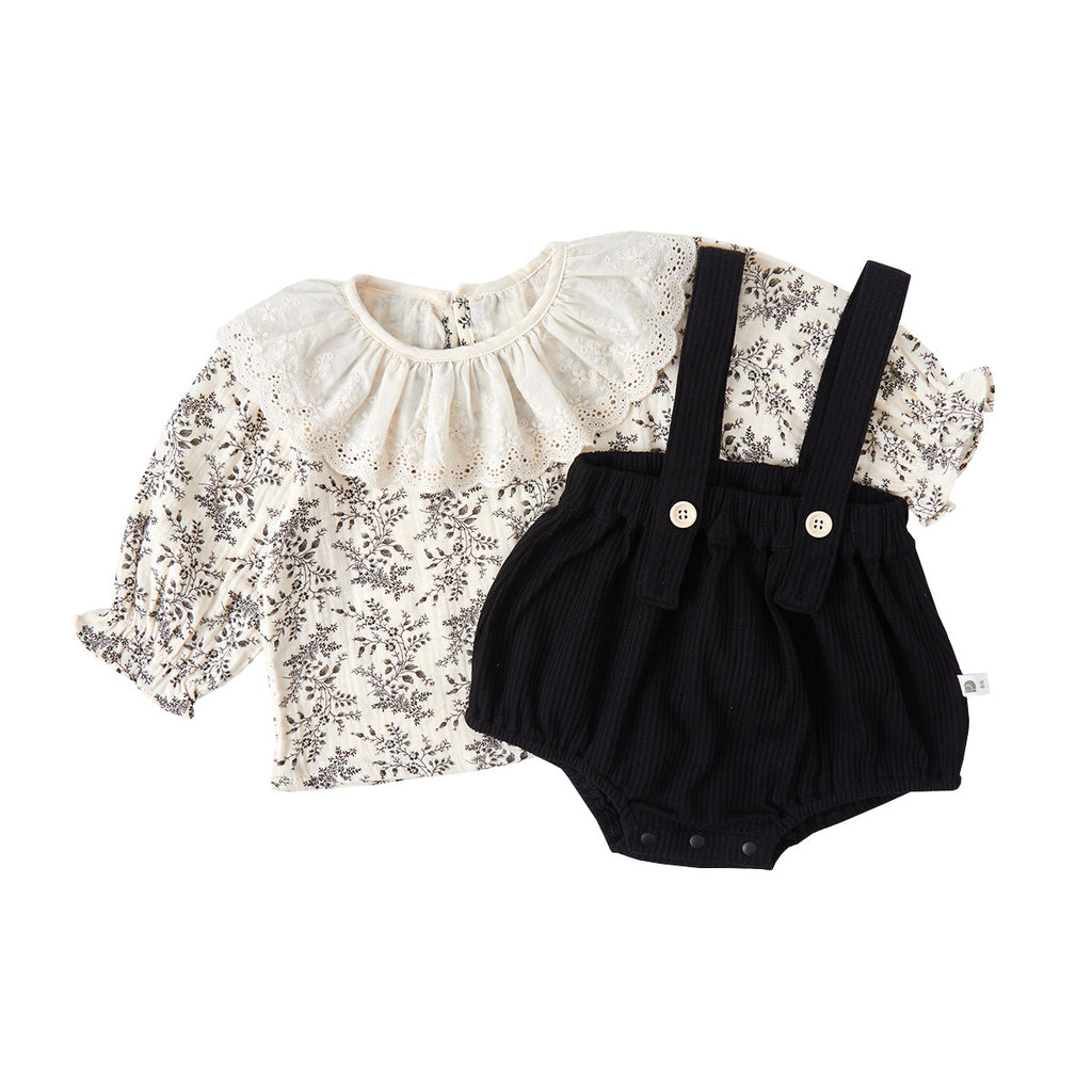 Cute Floral Baby Girl Outfit with Ruffled Top and Overalls Set for Spring and Autumn