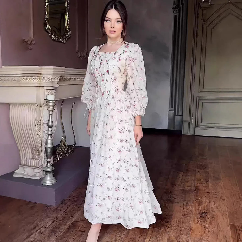 Floral Long Fitted Waist Belted Fairy Dress with Square Neck