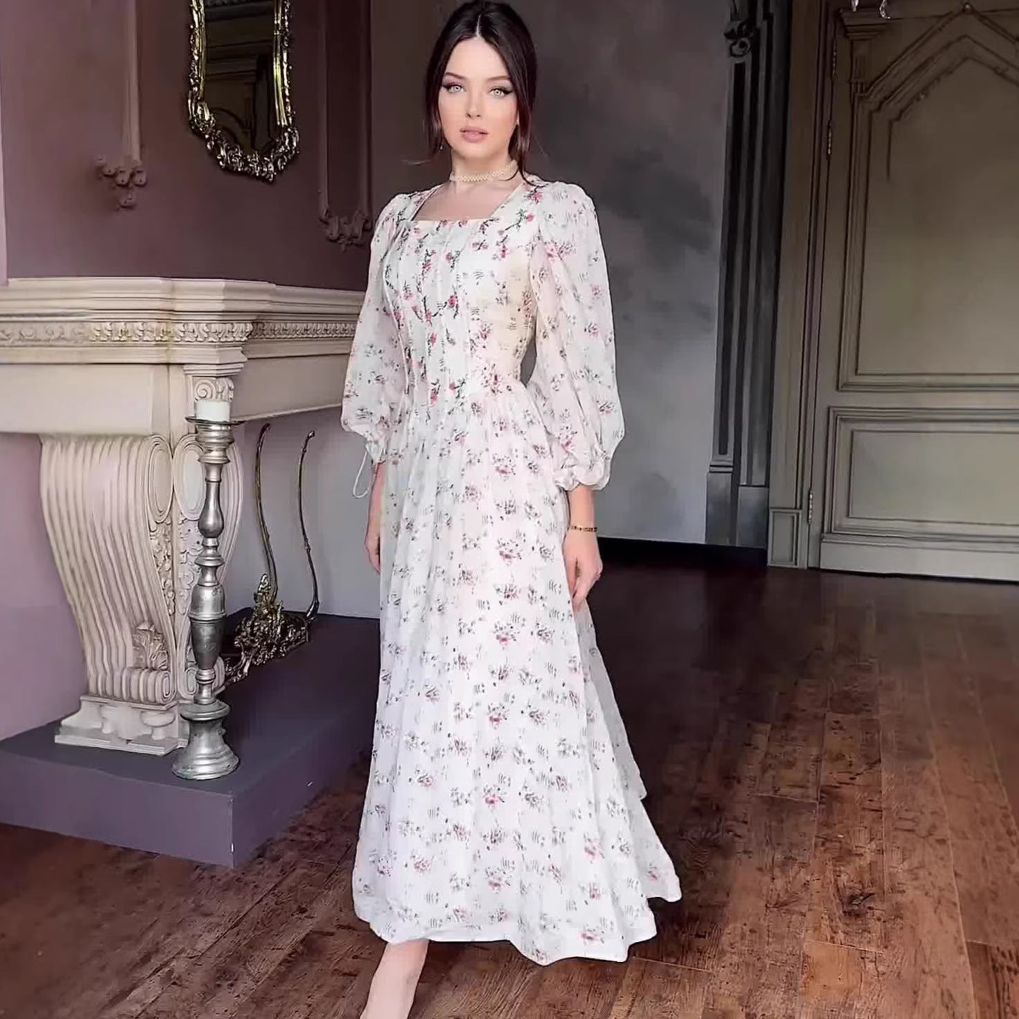 Floral Long Fitted Waist Belted Fairy Dress with Square Neck