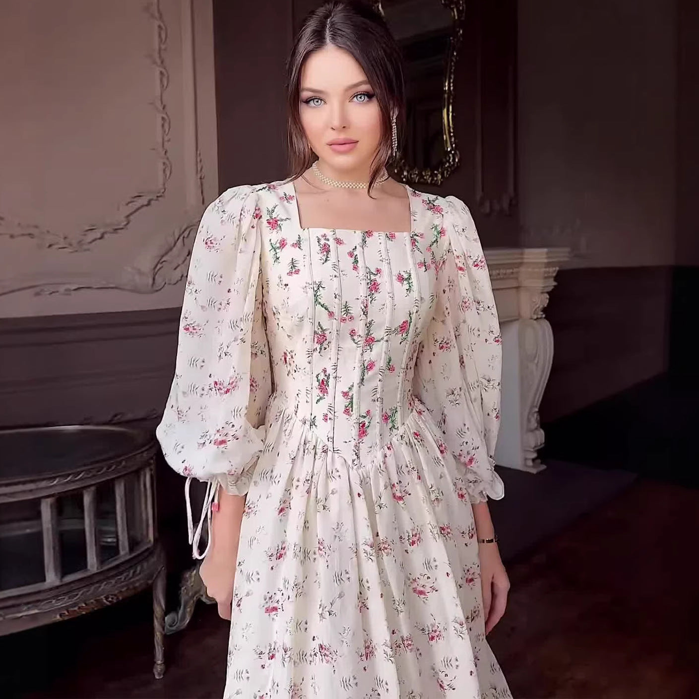 Floral Long Fitted Waist Belted Fairy Dress with Square Neck