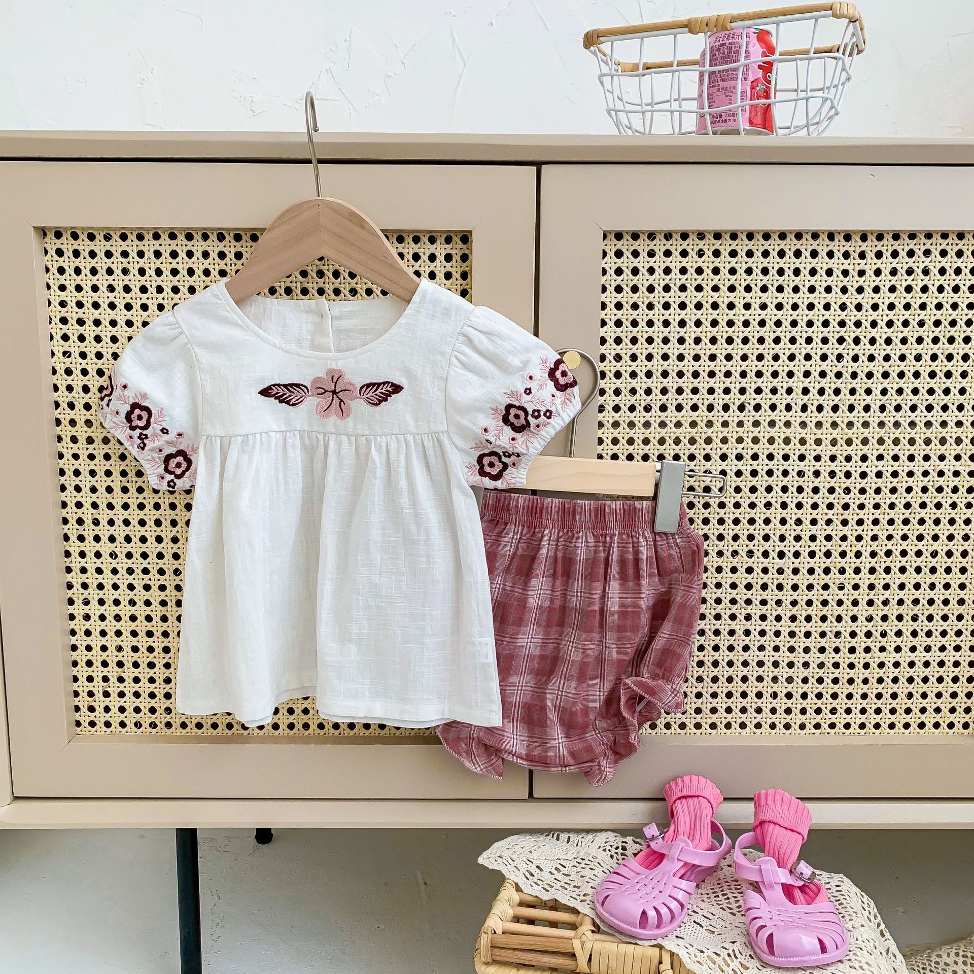 Baby Romper Girls Ethnic Style Outfit Kids Plaid Onesie Clothes Embroidered Summer