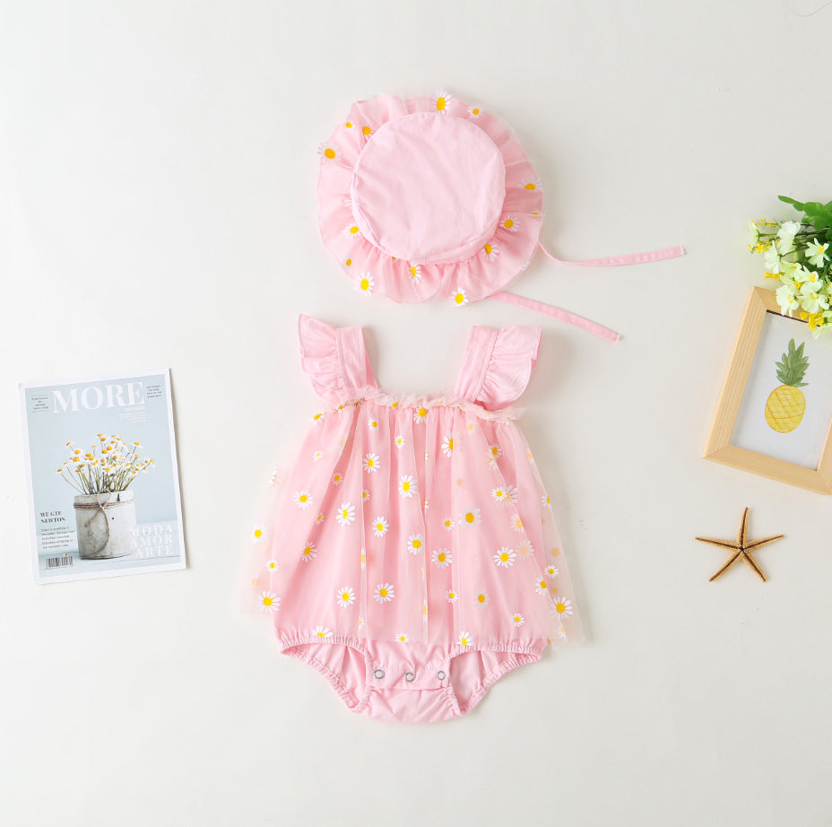 Cute Baby Girl Romper Summer Lightweight Outfit for 100 Days or First Birthday, Daisy Princess Tulle Dress Style