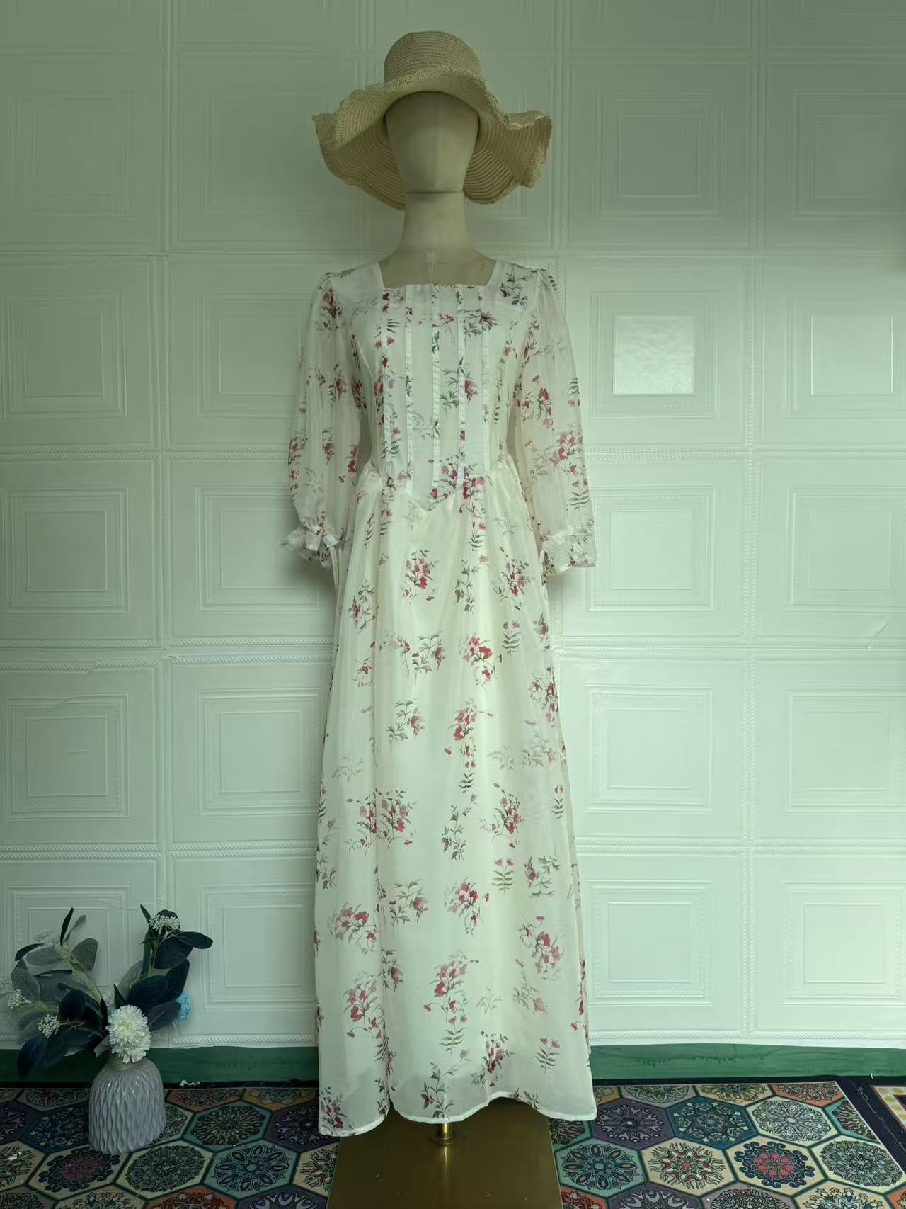 Floral Long Fitted Waist Belted Fairy Dress with Square Neck