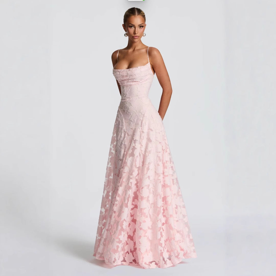 Lace halter dress with tie detail, unique design, women's mid-length fairy dress for spring, casual vacation wear