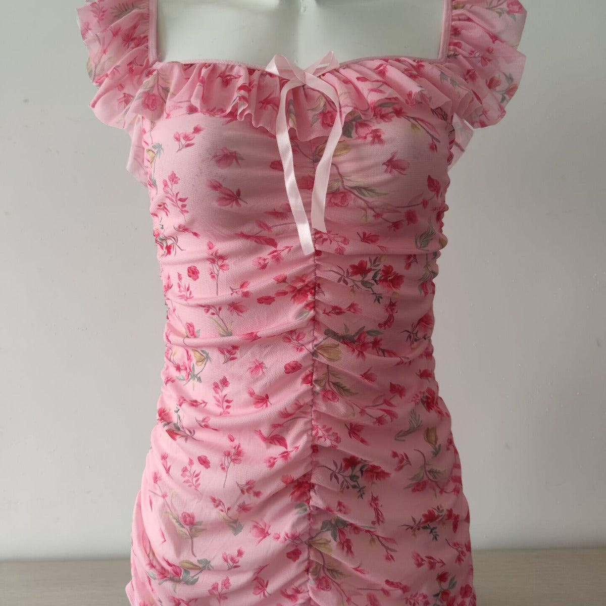 Style Transparent Sexy Floral Lingerie Cross-border Foreign Trade Mesh Printed Pleated Tempting Pajamas Nightgown Set