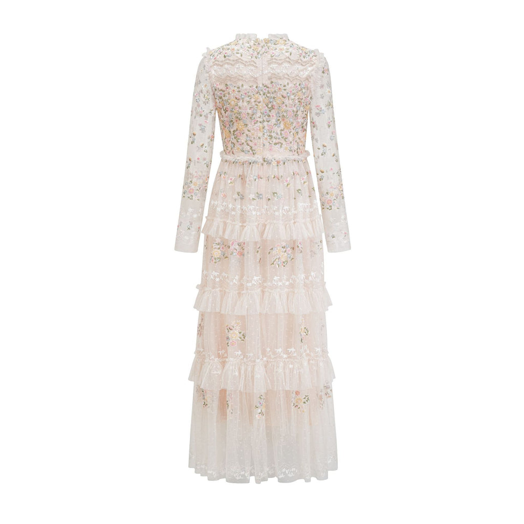 Elegant Goddess Dreamy Tulle Floral Embroidery Fairy Round Neck Waist-Cinched Flared Long Dress Gown