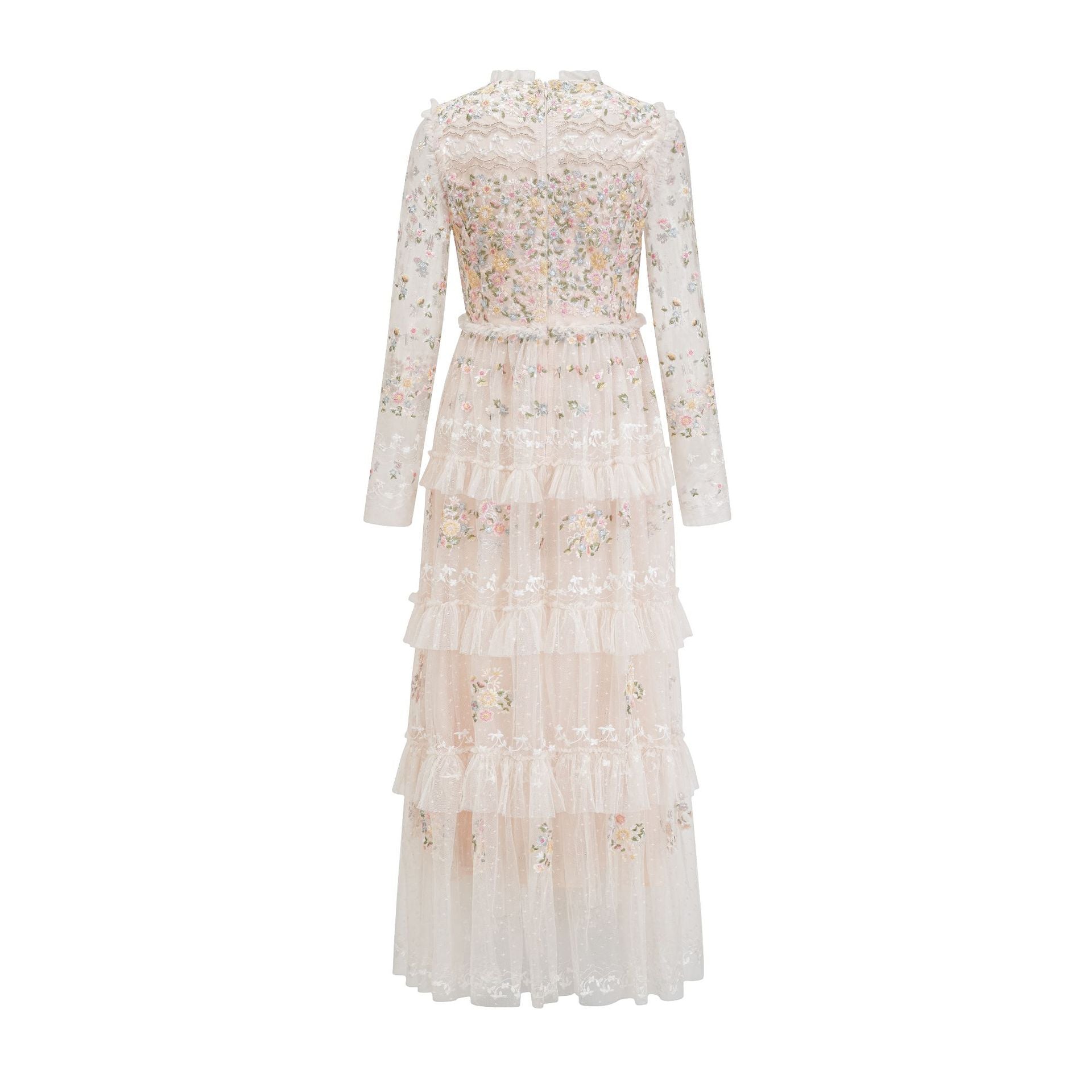 Elegant Goddess Dreamy Tulle Floral Embroidery Fairy Round Neck Waist-Cinched Flared Long Dress Gown