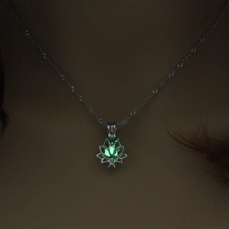 Luminous Glowing In The Dark Moon Lotus Flower Shaped Pendant Necklace For Women