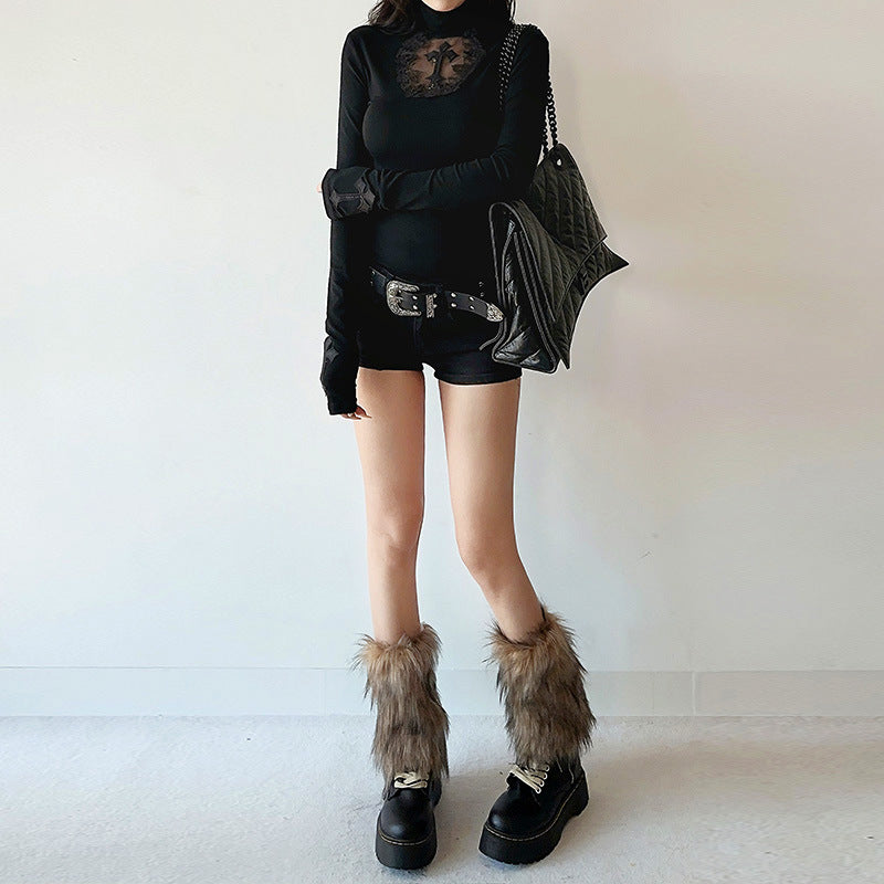 Dark Chic Sexy Fitted Hollow-Out Cross Long Sleeve Top