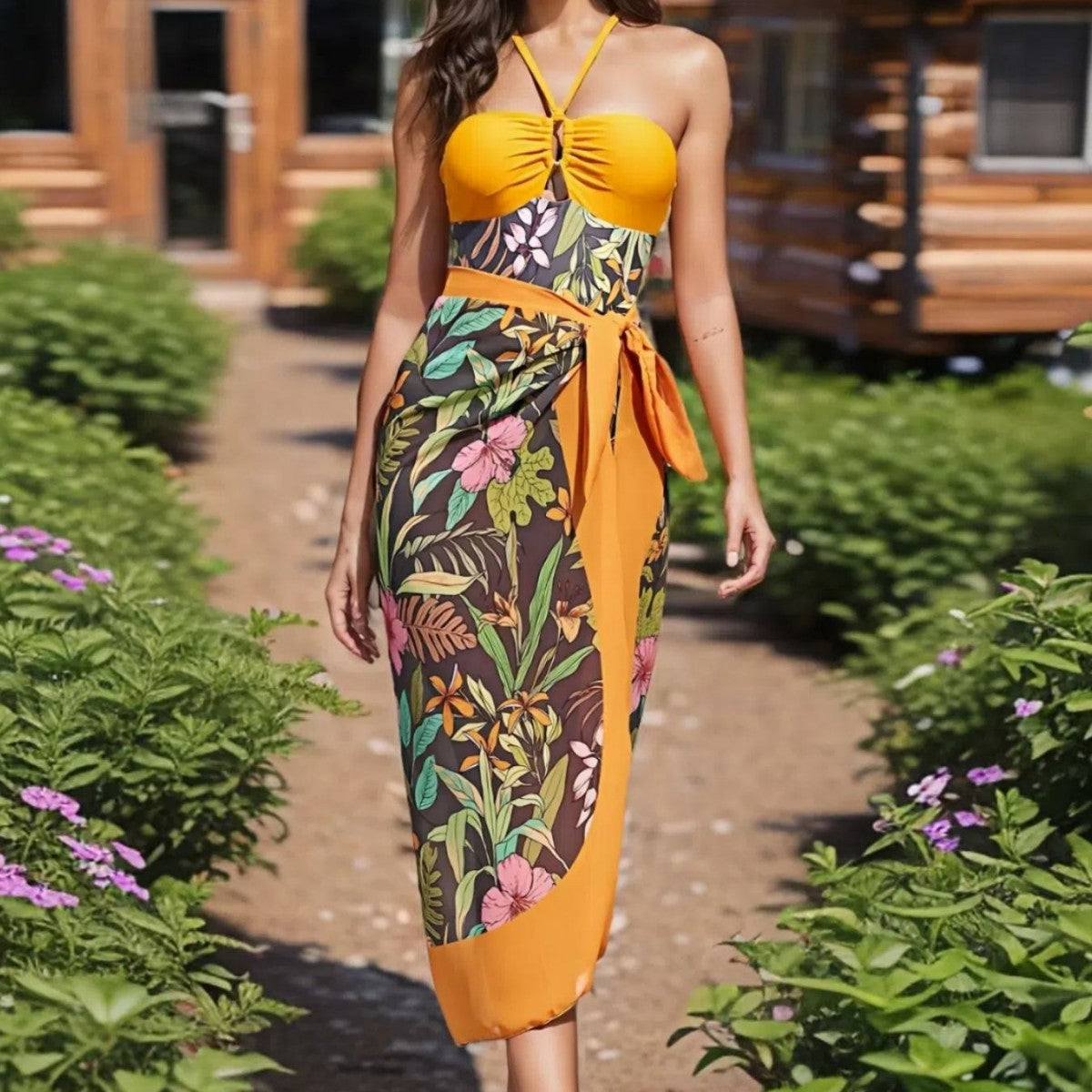 Dark Green Patchwork Floral Dress Strapless Midriff-Baring Split Vacation Dress