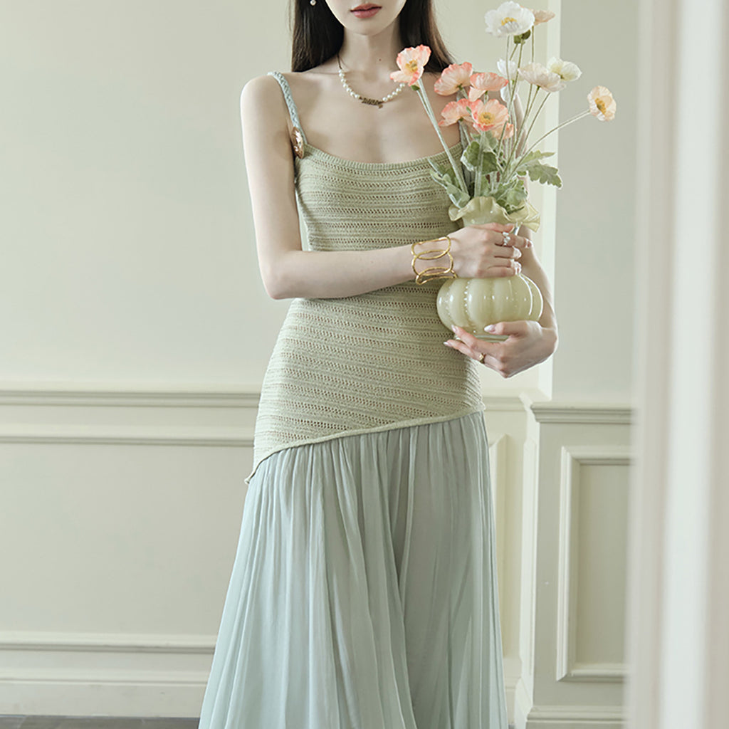 Silk Feather Fairy Resort-Style Knit and Mesh Mid-Length Strap Dress for Women