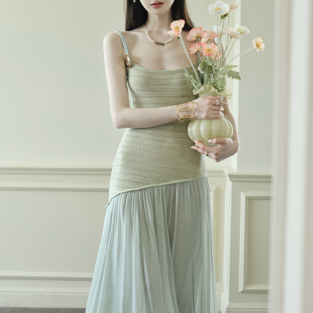 Silk Feather Fairy Resort-Style Knit and Mesh Mid-Length Strap Dress for Women