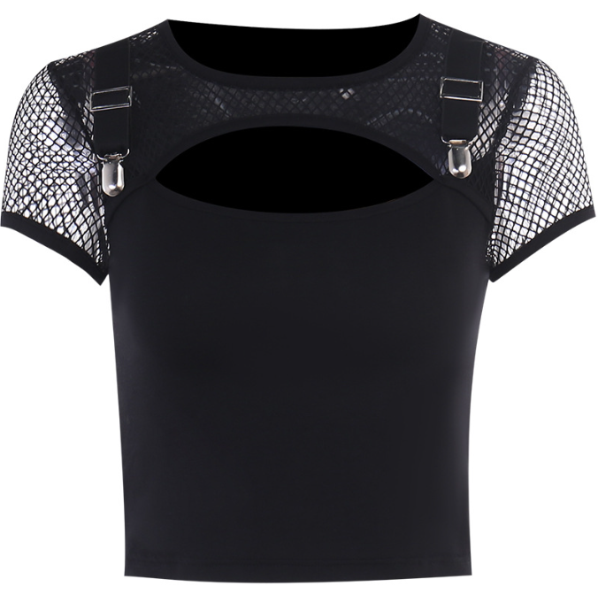 Dark trendsetter slim fitting and versatile mesh patchwork short sleeved top for women