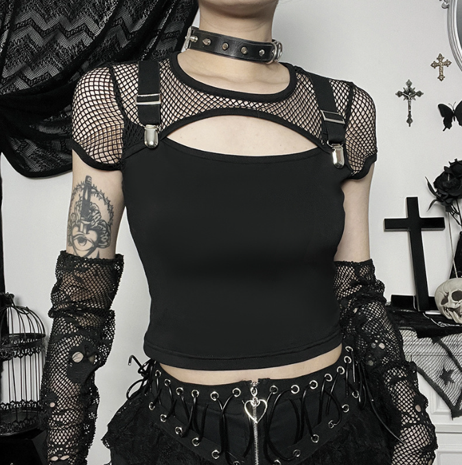 Dark trendsetter slim fitting and versatile mesh patchwork short sleeved top for women