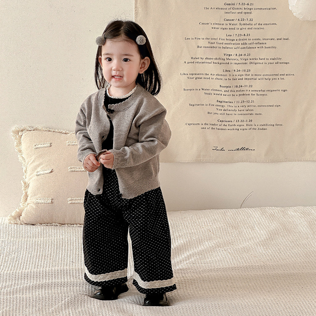 Girls' Set Spring Knit Cardigan Stylish Baby Top Toddler Wide-Leg Pants Outing Clothes