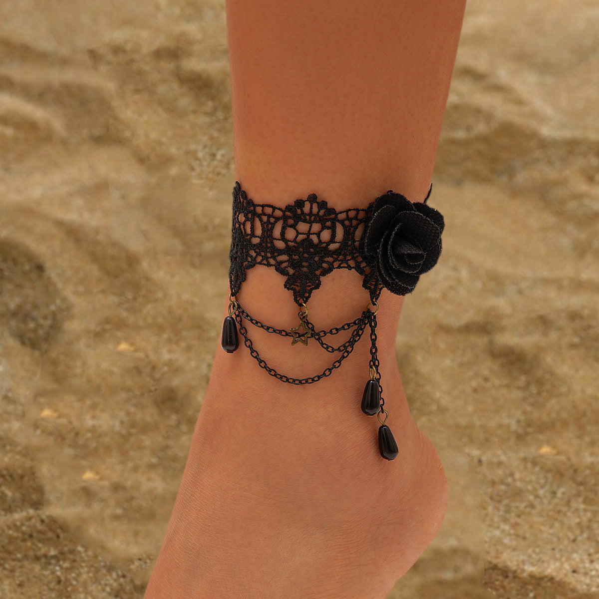Halloween Gothic style black lace tassel vampire water droplet lace alloy ankle chain