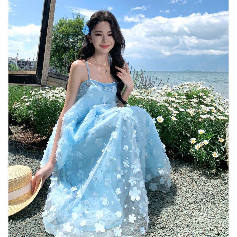 Blue Floral Mesh Strapless Dress Ultra Fairy Fashionable Age-Appropriate Dress