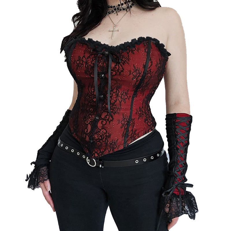 Dark red background lace fishbone sexy spicy girl lace waist tied top for women