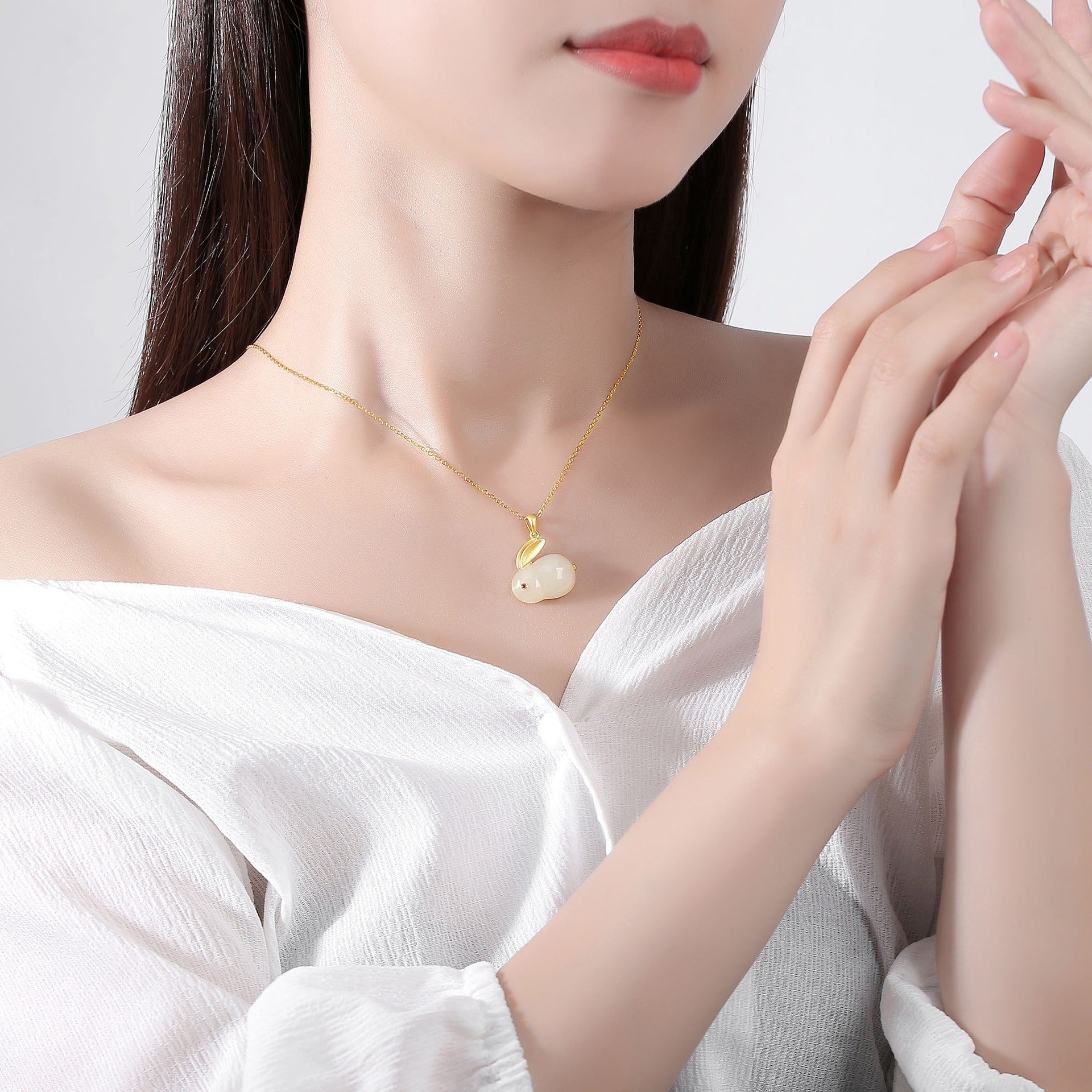 Hotan Jade Rabbit Pendant S925 Silver Gilded Lovely Jade Rabbit Earnail Necklace Bracelet Ring Fairy Jewelry