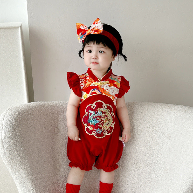 Summer New Baby Girl Red Dress with Flying Sleeve Skirt  Infant Bodysuit Romper