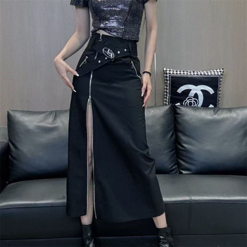 Dark Style Fashion High-Waisted Midi Skirt with Zipper Design, Side Split, Black Step Skirt with Belt Included