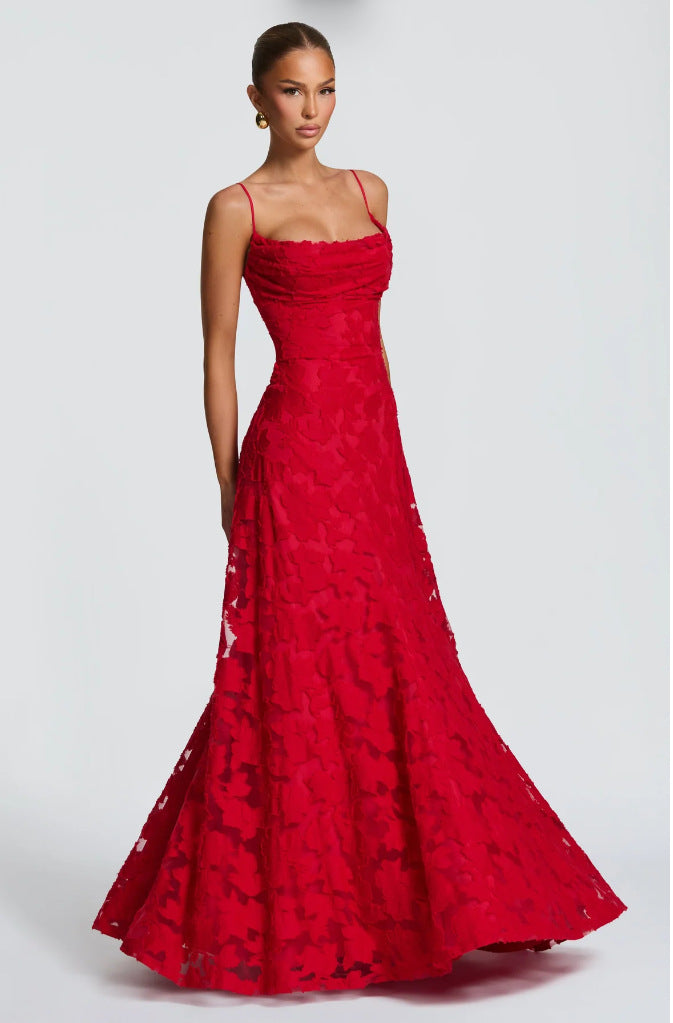 Lace halter dress with tie detail, unique design, women's mid-length fairy dress for spring, casual vacation wear