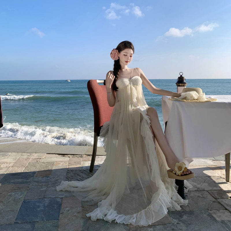 Fairy Leaf Hem Mesh Strapless Dress Women Summer Vacation Long Dress