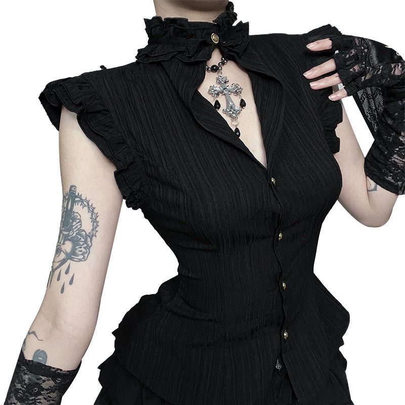 Dark retro open neck gothic wood ear pinching waist top for women