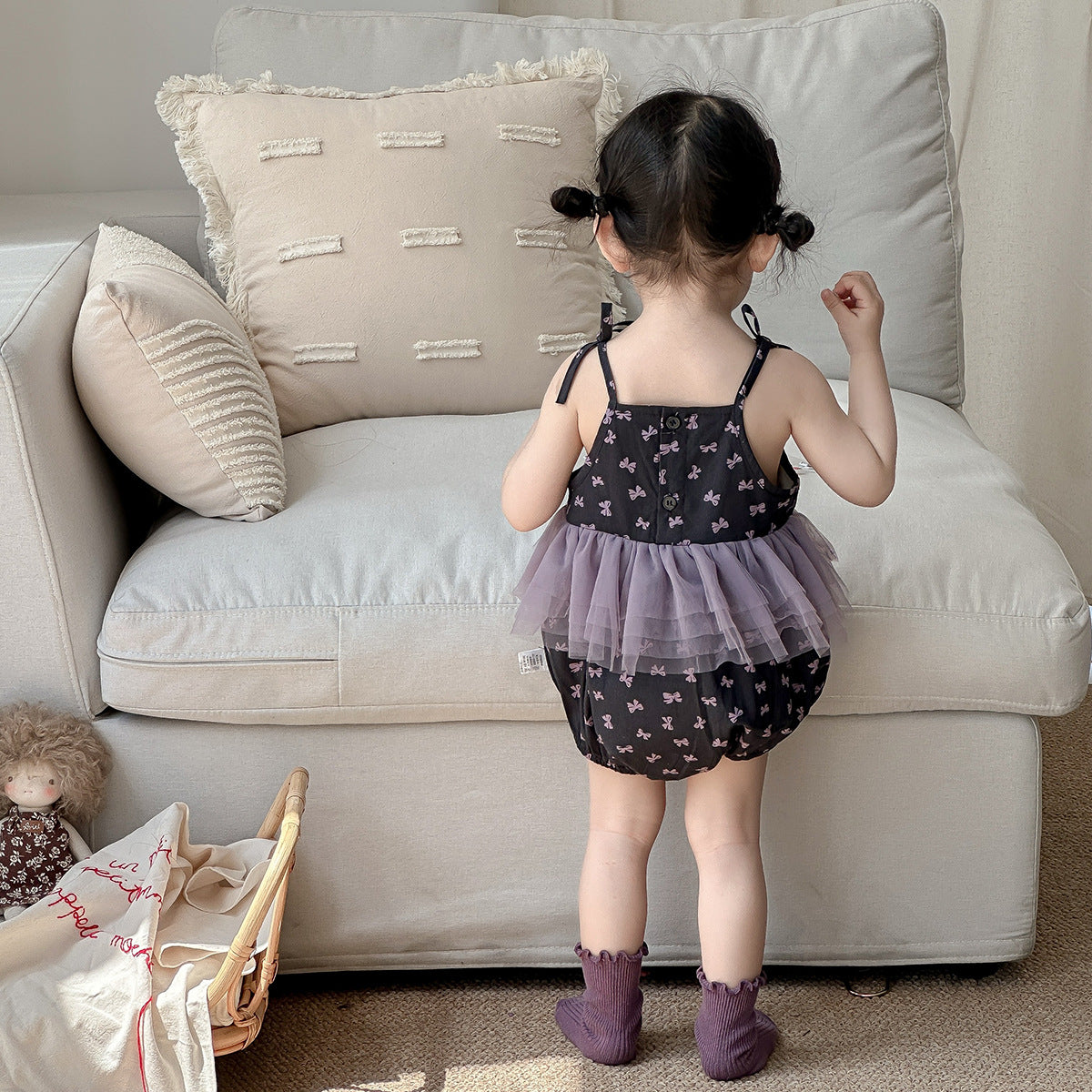 Baby Clothes Summer Sleeveless Butterfly Knot Romper for Girls, Mesh Baby Bodysuit for Newborns and 100-Day Celebration, Summer Outfit
