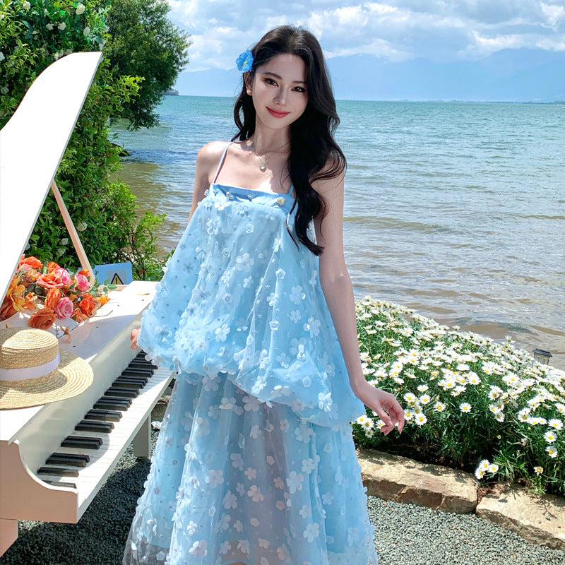 Blue Floral Mesh Strapless Dress Ultra Fairy Fashionable Age-Appropriate Dress