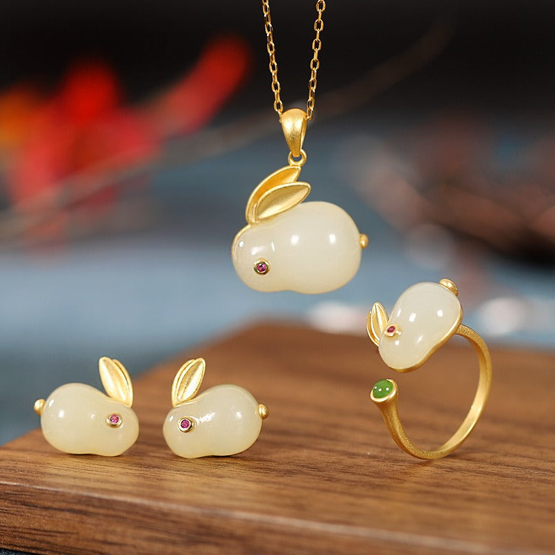 Hotan Jade Rabbit Pendant S925 Silver Gilded Lovely Jade Rabbit Earnail Necklace Bracelet Ring Fairy Jewelry