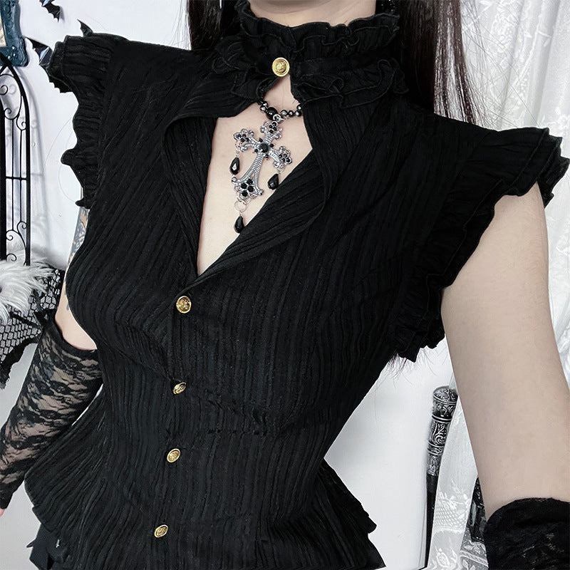 Dark retro open neck gothic wood ear pinching waist top for women