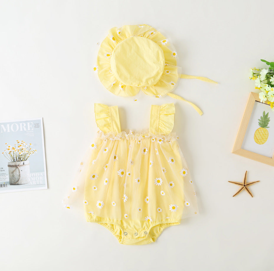 Cute Baby Girl Romper Summer Lightweight Outfit for 100 Days or First Birthday, Daisy Princess Tulle Dress Style
