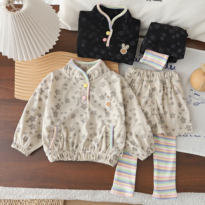 Children's corduroy long sleeved two piece baby girl casual clothes